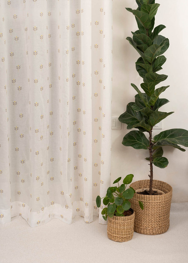 Sapling 100% Cotton Sheer floral curtain for Living room - Light filtering - Yellow - Single Piece | SHOBITAM