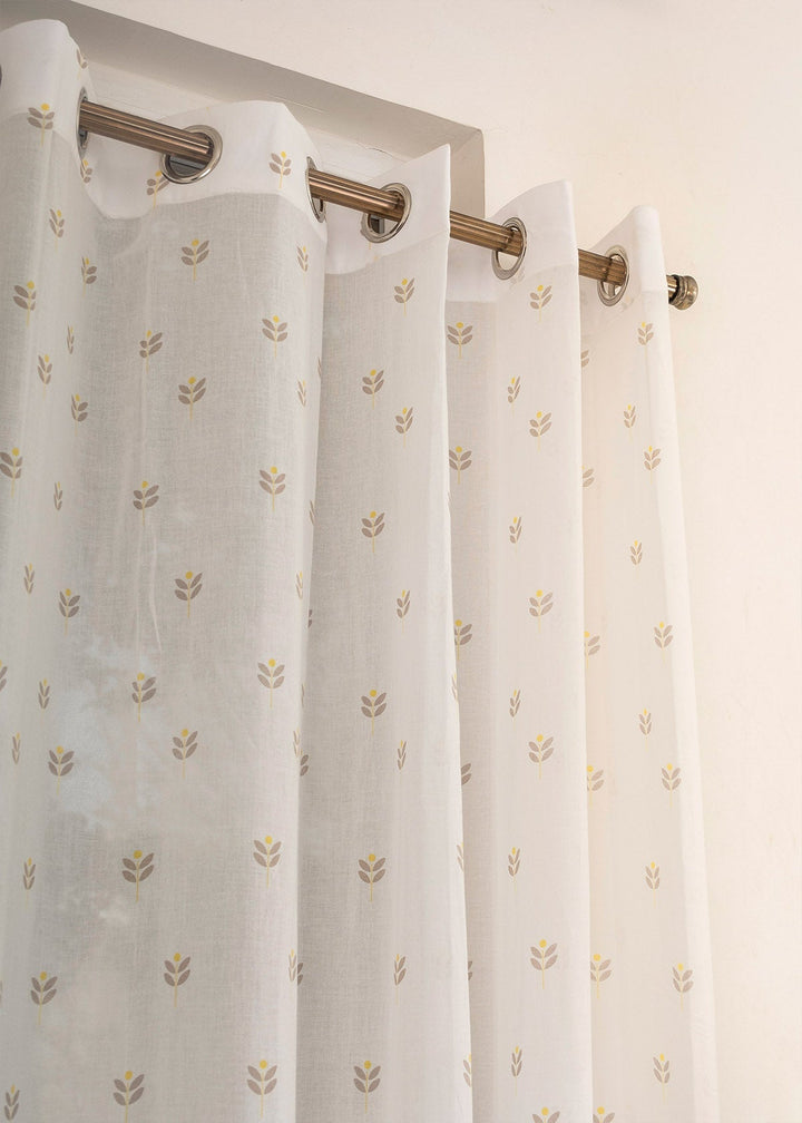 Sapling 100% Cotton Sheer floral curtain for Living room - Light filtering - Yellow - Single Piece | SHOBITAM