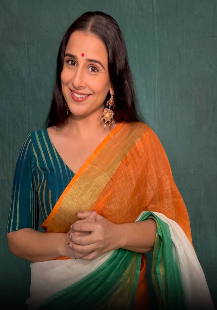 Stunning India Flag Tricolor Pure Linen by Linen Saree. Top Seller Vidya Balan Special!