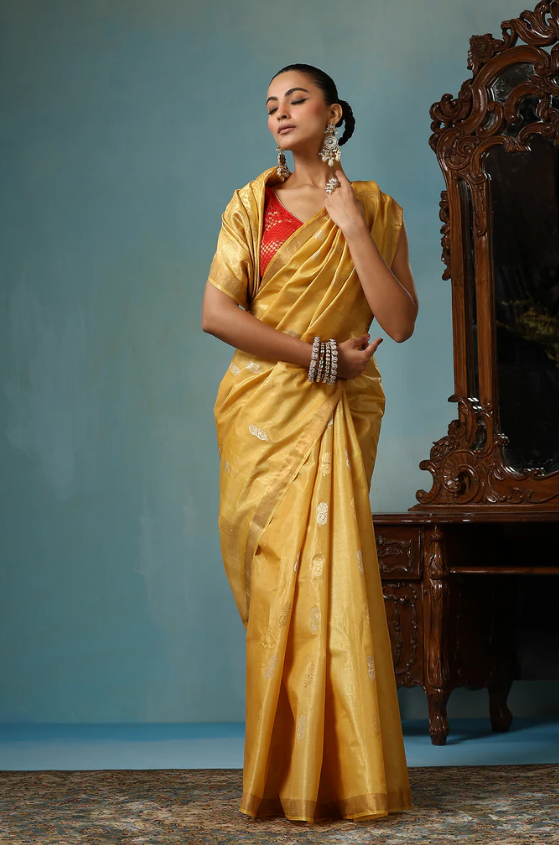 Light Mustard Chattisgarhi Kosa Silk Handloom Saree with Floral Buttas and Zari Border | SILK MARK CERTIFIED