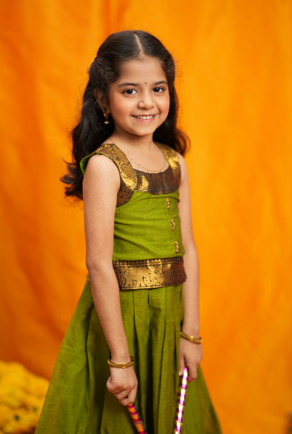 Prisha Olive Green Kids Pattu Pavadai Set | Made To Order
