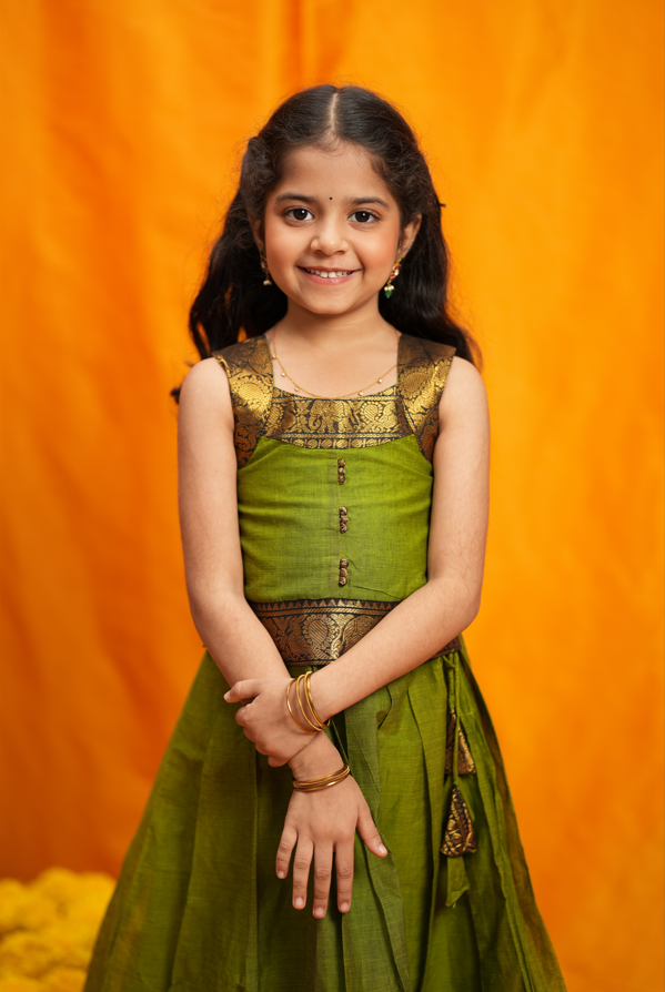 Prisha Olive Green Kids Pattu Pavadai Set | Made To Order