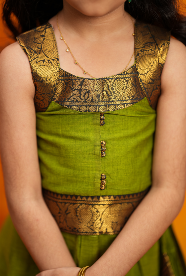 Prisha Olive Green Kids Pattu Pavadai Set | Made To Order