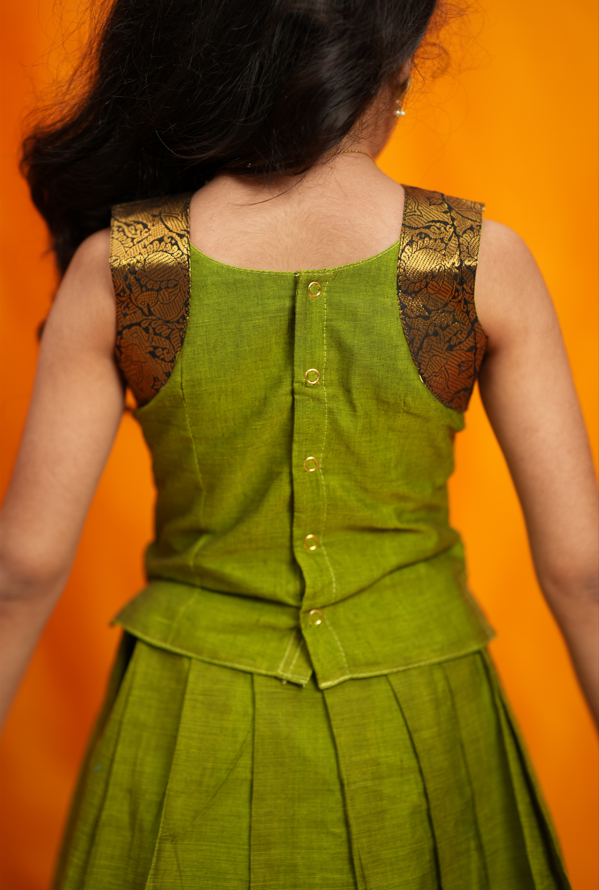 Prisha Olive Green Kids Pattu Pavadai Set | Made To Order