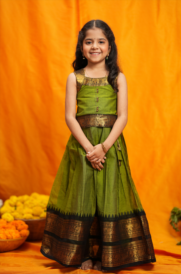 Prisha Olive Green Kids Pattu Pavadai Set | Made To Order