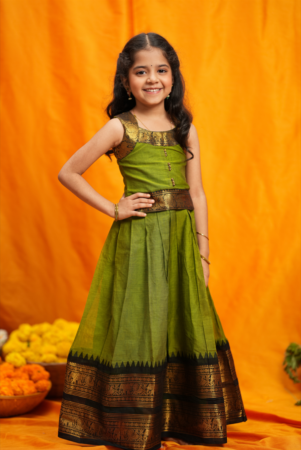 Prisha Olive Green Kids Pattu Pavadai Set | Made To Order