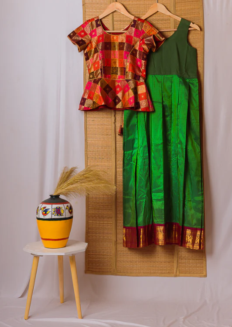 Green Kanchipuram Silk Girls Pavadai Meenakshi-12-14 years