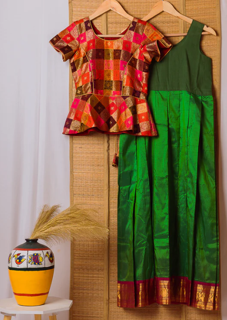 Green Kanchipuram Silk Girls Pavadai Meenakshi-12-14 years