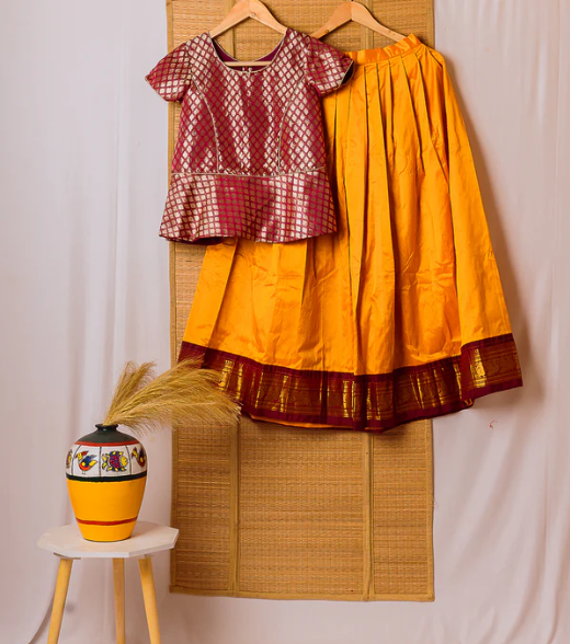 Yellow-Red Kanchipuram Silk Girls Pavadai Panjavarnam-12-14 years