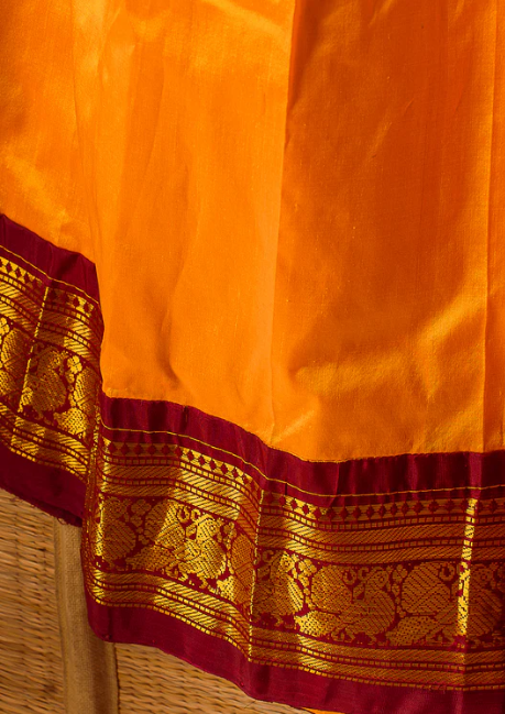 Yellow-Red Kanchipuram Silk Girls Pavadai Panjavarnam-12-14 years