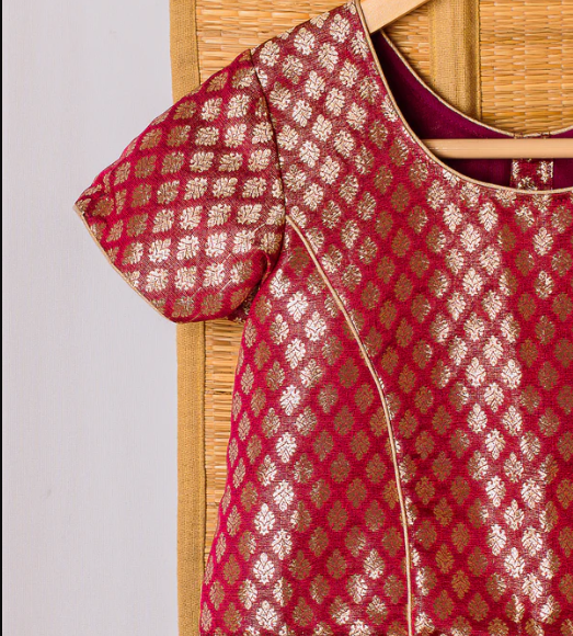 Yellow-Red Kanchipuram Silk Girls Pavadai Panjavarnam-12-14 years