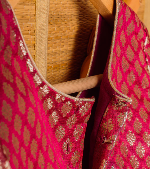 Yellow-Red Kanchipuram Silk Girls Pavadai Panjavarnam-12-14 years