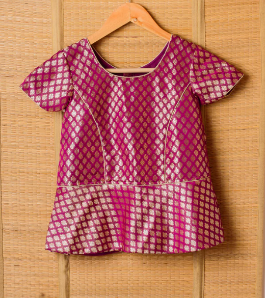 Yellow-Red Kanchipuram Silk Girls Pavadai Panjavarnam-12-14 years