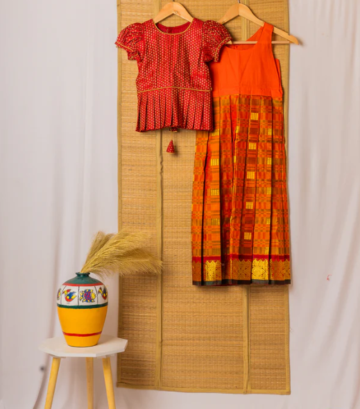 Orange Kanchipuram Silk Girls Pavadai Pavazham with Pure gold zari-6-8 years