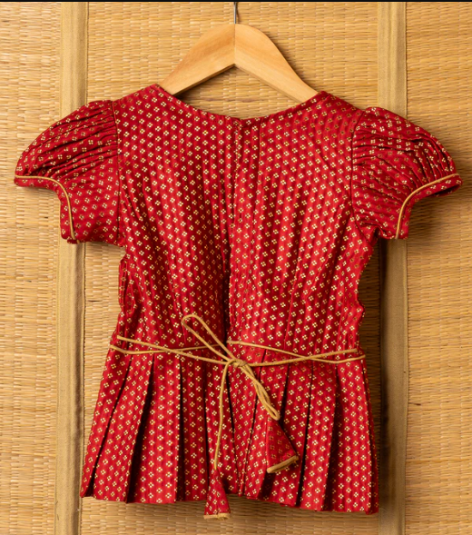 Orange Kanchipuram Silk Girls Pavadai Pavazham with Pure gold zari-6-8 years