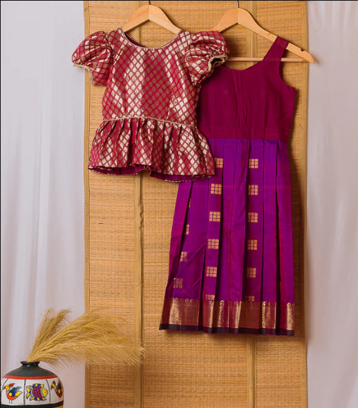 Purple Kanchipuram Silk Girls Pavadai Chellam 4-6 years