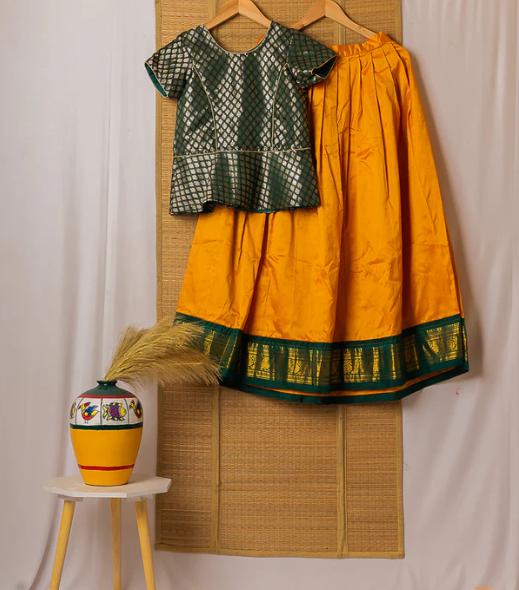 Yellow-Green Kanchipuram Silk Girls Pavadai Kanmani-12-14 years