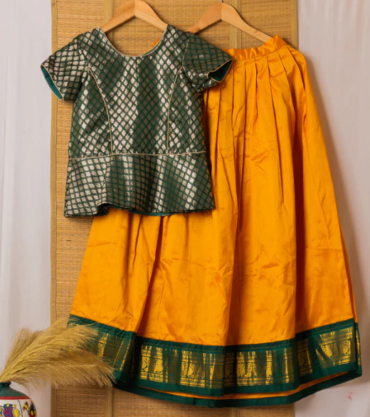 Yellow-Green Kanchipuram Silk Girls Pavadai Kanmani-12-14 years