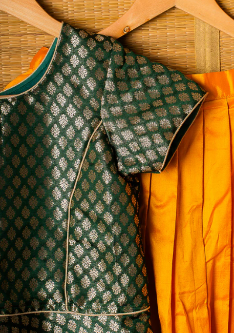 Yellow-Green Kanchipuram Silk Girls Pavadai Kanmani-12-14 years
