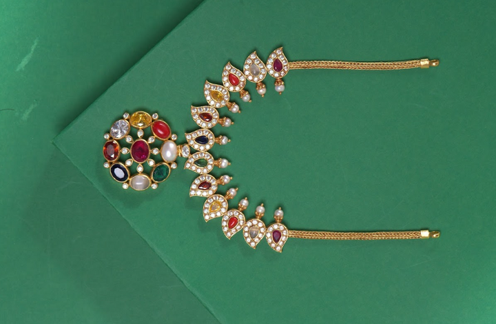 Pure 92.5 Silver, Gold Plated Mango Motif Necklace with Assorted Gemstones