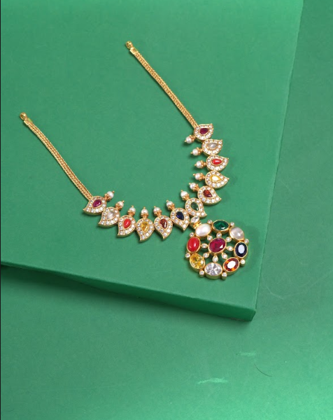 Pure 92.5 Silver, Gold Plated Mango Motif Necklace with Assorted Gemstones