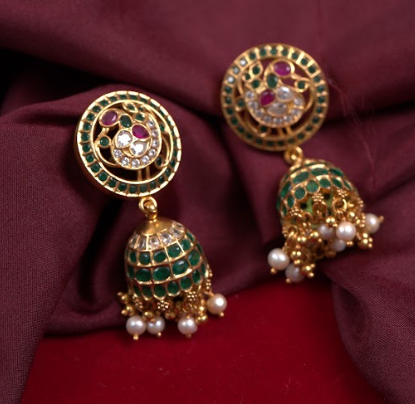 Pure 92.5 Silver Gold Plated Peacock Motif Jhumka with Dangling beads
