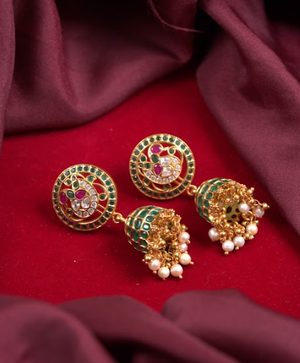 Pure 92.5 Silver Gold Plated Peacock Motif Jhumka with Dangling beads