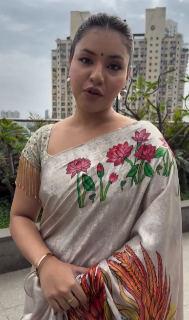 Gray Shimmer Ruffle Saree with Phoenix and Lotus Handpainted Motifs, No Blouse Piece, Customizable
