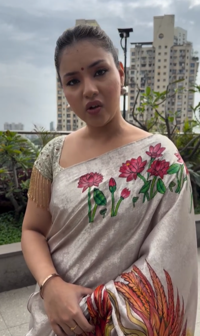 Gray Shimmer Ruffle Saree with Phoenix and Lotus Handpainted Motifs, No Blouse Piece, Customizable