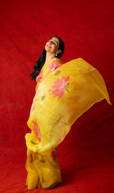 Exquisite Sunflower Yellow Organza Saree with Lotus Hand painted , No Blouse Piece