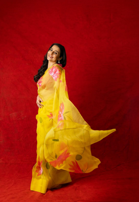 Exquisite Sunflower Yellow Organza Saree with Lotus Hand painted , No Blouse Piece