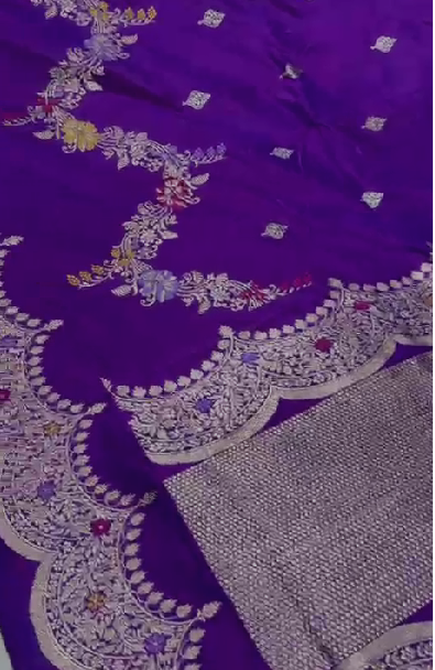 Purple Dual Tone Pure Banarasi katan silk saree with Kadhuwa Jungla Meenakari Sona Rupa Buttas and Scallop Border |SILK MARK CERTIFIED