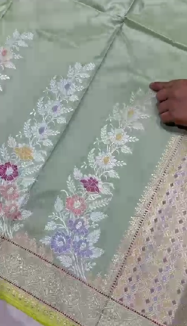 Dusty Pista Green Pure Banarasi Katan Silk Saree with Meenakari Work and Zari Border | SILK MARK CERTIFIED