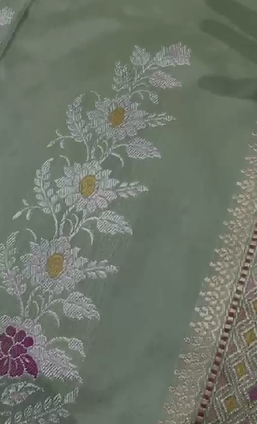 Dusty Pista Green Pure Banarasi Katan Silk Saree with Meenakari Work and Zari Border | SILK MARK CERTIFIED