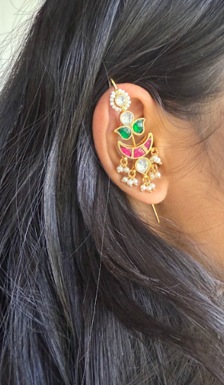 Amika Needle Cuff in Brass and kundan with an Antique Gold polish