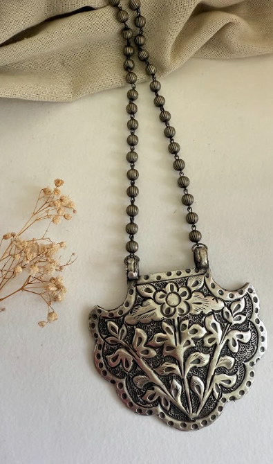Dhruthi Necklace in Brass with an Antique silver polish| SHOBITAM