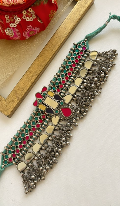 Ankitha Choker in German Silver and Real Glass with Antique Silver Polish