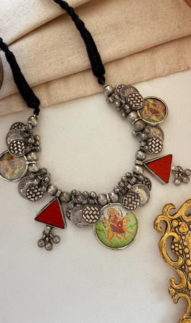 Vaishno Devi Photo-Coin Statement Real Glass Shivani Necklace with Brass and Antique Silver Polish