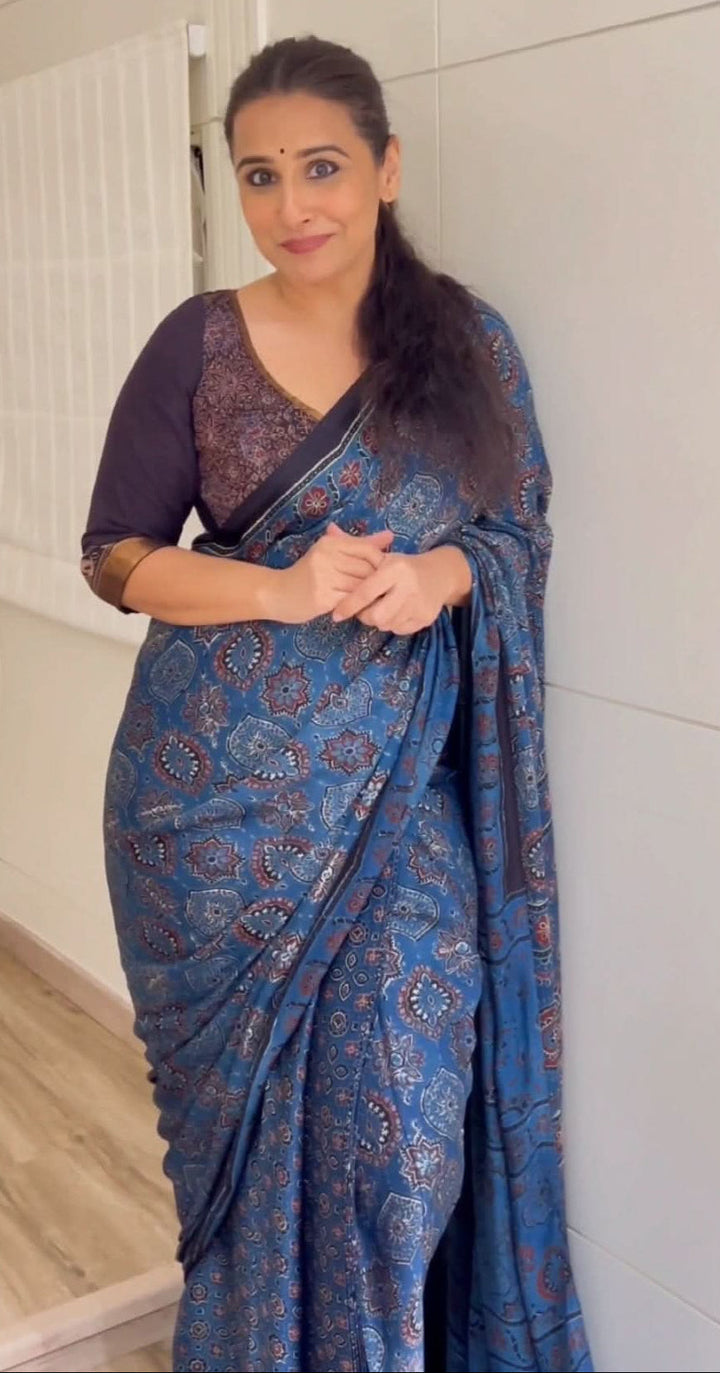 Stunning Indigo Ajrakh Hand Block Print on Modal Silk Saree. Vidya Balan Special! | SHOBITAM