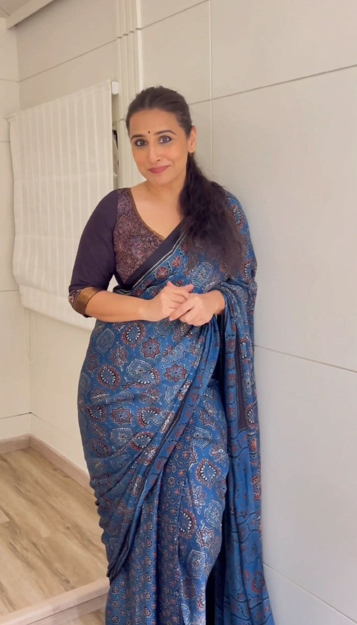 Stunning Indigo Ajrakh Hand Block Print on Modal Silk Saree. Vidya Balan Special!