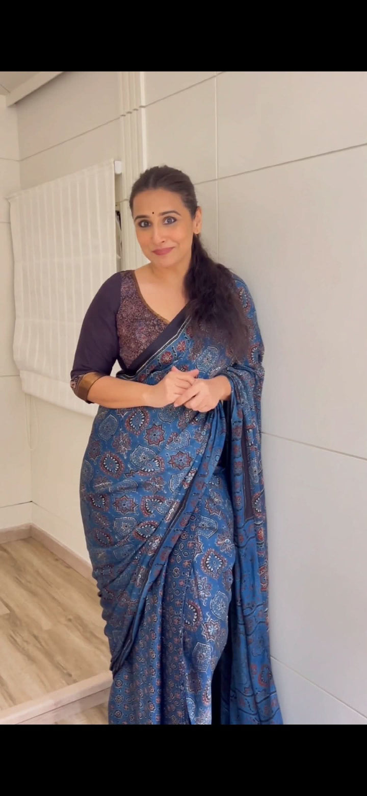 Stunning Indigo Ajrakh Hand Block Print on Modal Silk Saree. Vidya Balan Special!
