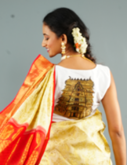 White Pure Raw Silk Sleeveless Blouse with Temple Gopuram Handpainting, Customizable, Made to Order