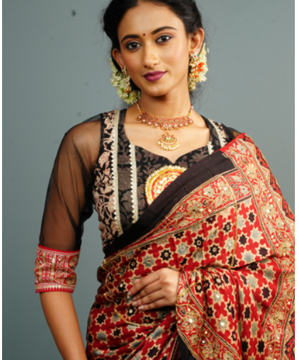 Koti Style Blouse in Black and red with Kalamkamkari Block Print, Net and Gota detailing and backless pattern, Customizable, Made to order!