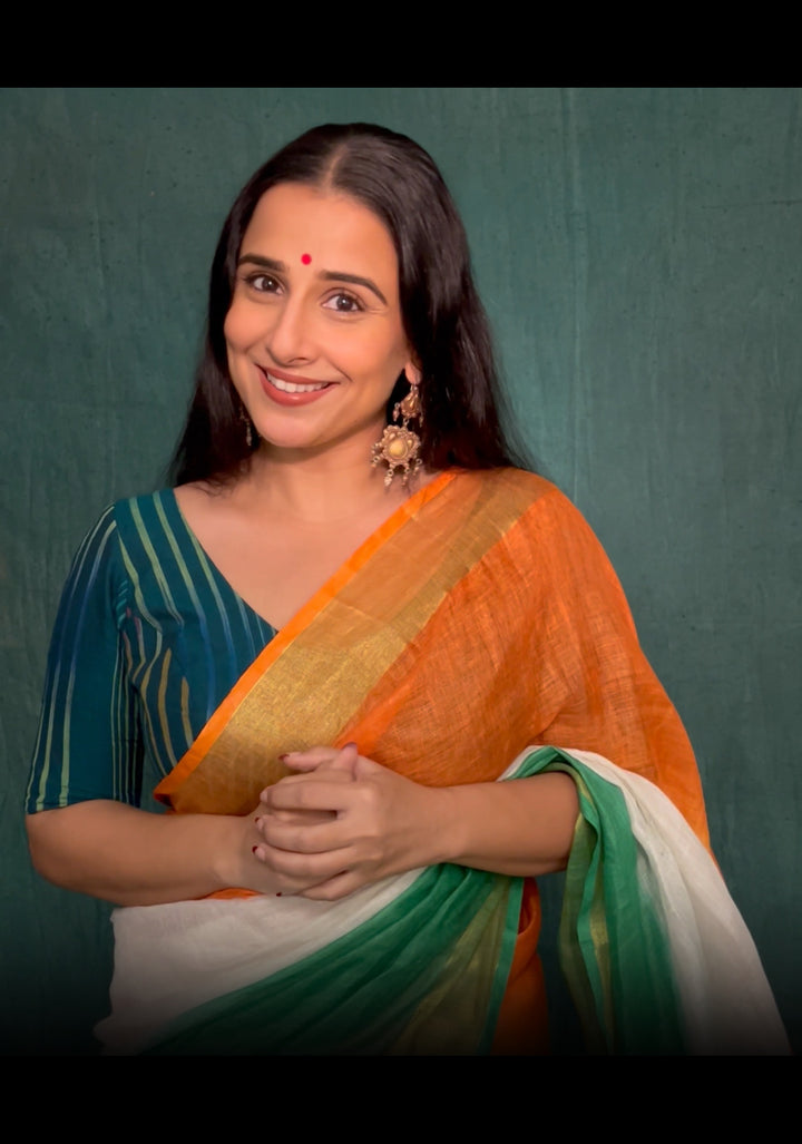 Stunning India Flag Tricolor Pure Linen by Linen Saree. Top Seller Vidya Balan Special!