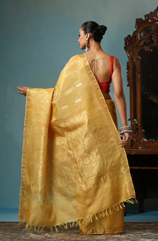 Light Mustard Chattisgarhi Kosa Silk Handloom Saree with Floral Buttas and Zari Border | SILK MARK CERTIFIED