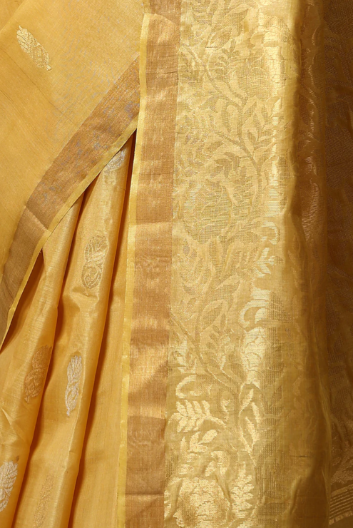 Light Mustard Chattisgarhi Kosa Silk Handloom Saree with Floral Buttas and Zari Border | SILK MARK CERTIFIED