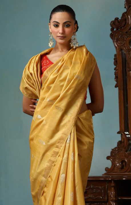 Light Mustard Chattisgarhi Kosa Silk Handloom Saree with Floral Buttas and Zari Border | SILK MARK CERTIFIED