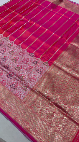 Rani Pink Banarasi Katan Silk Saree with Vertical Stripes and Meenakari Skirt persian trellis Border | SILK MARK CERTIFIED
