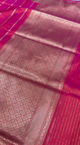 Rani Pink Banarasi Katan Silk Saree with Vertical Stripes and Meenakari Skirt persian trellis Border | SILK MARK CERTIFIED