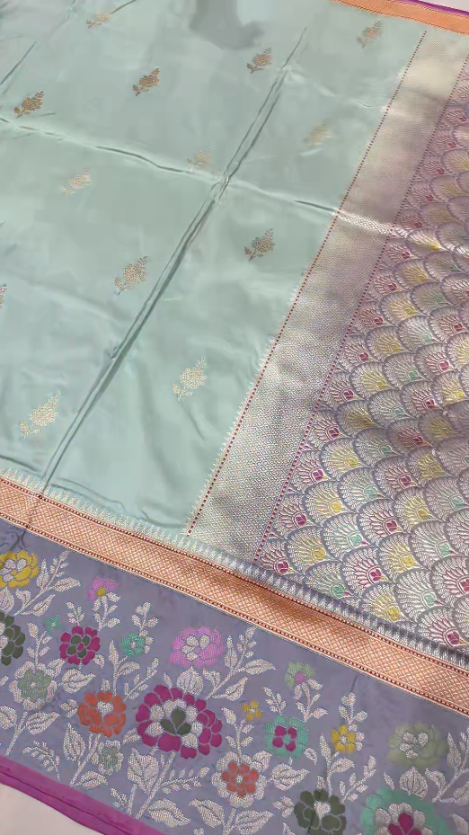 Pastel Hued Aqua Blue Banarasi Pure Katan Silk Saree with Sona Rupa Khaduwa Butta and Paithani Style Skirt Border | SILK MARK CERTIFIED